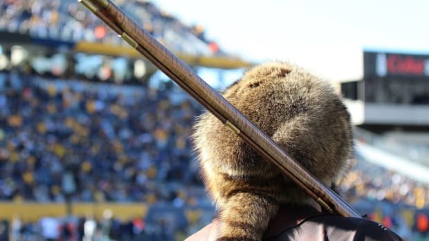West Virginia University Mascot Tim Eades looking over Mountaineer Field.